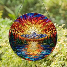 Stained Glass Sunset Lake Mountain Forest Autumn Trees Dynamic Sky Reflecting Water Stained Glass Suncatcher