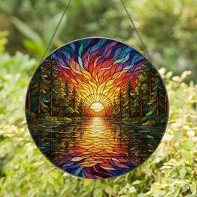 Stained Glass Sunset Lake River Trees Art - Tiffany Style Intricate Jewel Tone Reflective Nature Stained Glass Suncatcher