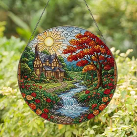 Stained Glass Cottage Garden Autumn Tree Stream Rolling Hills Colorful Jewel Tones Stained Glass Suncatcher