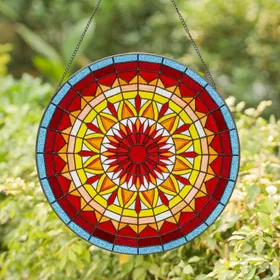 Stained Glass Mandala Starburst - Radiant Sun-like Geometric Tiffany Jewel Tone Art Stained Glass Suncatcher