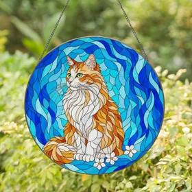 Fluffy Orange White Cat Green Eyes Outline Flowers Blue Teal Mosaic Tiffany Glass Art Stained Glass Suncatcher