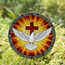 Majestic White Dove Mosaic Cross Sunburst Intricate Tiffany Glass Window Art Stained Glass Suncatcher