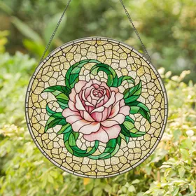 Intricate Blooming Rose Stained Glass Tiffany Style - Jewel Tone Mosaic Leaves Art Stained Glass Suncatcher