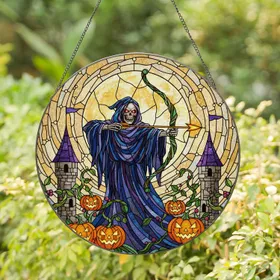 Grim Reaper Recurve Bow Castle - Halloween Jack-o'-Lantern Full Moon Stained Glass Stained Glass Suncatcher