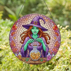 Smiling Green Witch Potion Bottle Tiffany Style Stained Glass Art - Fantasy Decor Gift Stained Glass Suncatcher