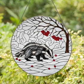 Badger Snow Frost Berries Tiffany Stained Glass Winter Mosaic Wildlife Art Home Decor Stained Glass Suncatcher
