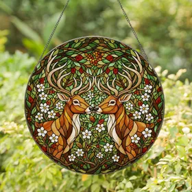 Majestic Stags Antlers Tiffany Style Stained Glass - Lush Forest Wildflowers Art Stained Glass Suncatcher