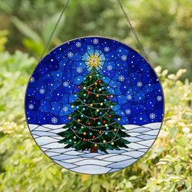 Christmas Pine Tree Stained Glass Art - Decorated Lights, Snow, Winter Night Sky Mosaic Stained Glass Suncatcher