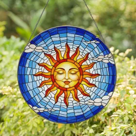 Serene Sun Face Tiffany Stained Glass Fiery Rays Fluffy Cloud Mosaic Sky Intricate Jewel Tone Stained Glass Suncatcher