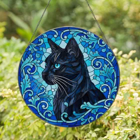 Black Cat Blue Eyes Stained Glass Floral Mosaic Art - Tiffany Style Intricate Detail Home Decor Stained Glass Suncatcher
