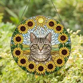 Grey Tabby Cat Bust Yellow Sunflower Tiffany Stained Glass Mosaic Glowing Sky Hills Stained Glass Suncatcher