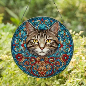 Tabby Cat Tiffany Glass Art - Detailed Feline Mosaic Geometric Window Design for Cat Lovers Stained Glass Suncatcher