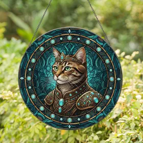Majestic Tabby Cat Golden Armor Stained Glass - Emerald Eyes Aquamarine Jewels Art Nouveau Stained Glass Suncatcher