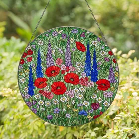 Tiffany Style Stained Glass Wildflower Field - Red Poppies, Daisies, Botanical Garden Decor Stained Glass Suncatcher