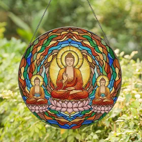 Buddha Lotus Vitarka Mudra Radiating Halo Two Smaller Buddhas Stained Glass Mosaic Stained Glass Suncatcher
