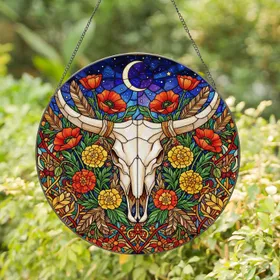 Bull Skull Tiffany Stained Glass Art Poppies Marigolds Starry Night Moon Botanical Foliage Decor Stained Glass Suncatcher