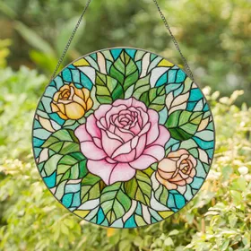 Pink Rose Tiffany Style Stained Glass Art, Rosebuds & Intricate Botanical Mosaic Stained Glass Suncatcher