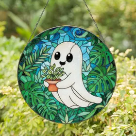 Cartoon Ghost Potted Plant Monstera Leaves Stained Glass Art Mosaic Botanical Sky Stained Glass Suncatcher