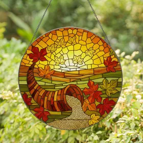 Cornucopia Autumn Leaves Tiffany Glass Mosaic - Rich Autumnal Harvest Thanksgiving Decor Stained Glass Suncatcher