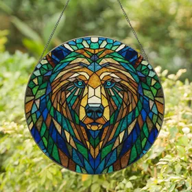 Stained Glass Bear Head Tiffany Style Jewel Tones - Piercing Teal Eyes Intricate Mosaic Fur Art Stained Glass Suncatcher