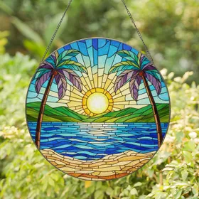 Tiffany Stained Glass Sun Palm Trees Ocean Beach Hills Intricate Colorful Jewel Tones Stained Glass Suncatcher