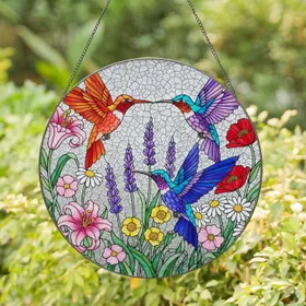 Detailed Hummingbird Floral Stained Glass Art - Vibrant Tiffany Style Garden Window Decor Stained Glass Suncatcher