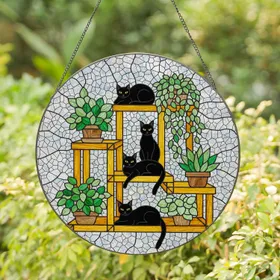 Black Cats Plant Stand Tiffany Stained Glass Succulent Vine - Cat Plant Lover Home Decor Stained Glass Suncatcher