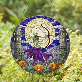 Skeletal Archer Castle Jack-o'-Lanterns Full Moon - Tiffany Style Halloween Decor Stained Glass Suncatcher