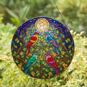 Vibrant Mosaic Birds Tiffany Stained Glass - Full Moon Celestial Foliage Jewel Tones Stained Glass Suncatcher