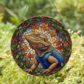 Bearded Dragon Stained Glass Tiffany Style - Autumn Leaves Foliage Jewel Tone Mosaic Stained Glass Suncatcher