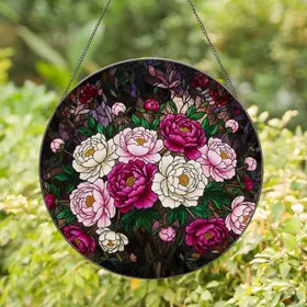 Lush Peony Bouquet Stained Glass - Magenta Pink Jewel Tone Floral Art, Tiffany Style Stained Glass Suncatcher