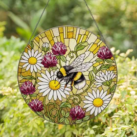 Bumblebee Daisy Tiffany Style Stained Glass Garden Art - Honeycomb Floral Nature Scene Stained Glass Suncatcher