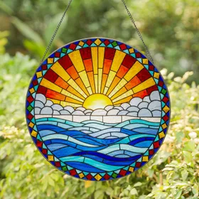 Tiffany Glass Sun Clouds Ocean Waves Mosaic Radial Beams Jewel Tones Stained Glass Style Stained Glass Suncatcher