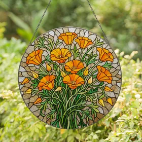 California Poppies Stained Glass Art - Tiffany Floral Mosaic with Intricate Patterns Stained Glass Suncatcher