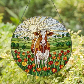 Tiffany Style Stained Glass Dairy Cow Farm Scene - Meadow Flowers & Rolling Hills Sun Stained Glass Suncatcher