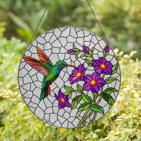 Iridescent Green Hummingbird Stained Glass Art with Tiffany Style Flowers & Mosaic Background Stained Glass Suncatcher