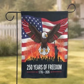 Bald Eagle American Flag NYC Skyline 1776-2026 - USA 250th Anniversary Independence Day Garden Flag