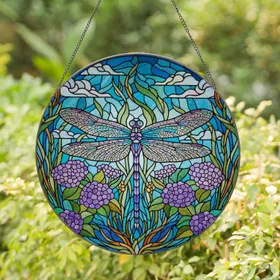 Dragonfly Stained Glass Tiffany Style - Purple Blossoms Green Orange Mosaic Sky Stained Glass Suncatcher