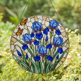 Blue Iris Flowers Stained Glass Butterfly Window Panel - Tiffany Style Home Decor Gift Stained Glass Suncatcher