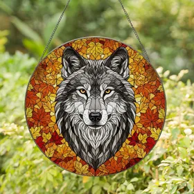Wolf Head Piercing Amber Eyes Autumn Foliage Tiffany Stained Glass - Animal Lover Gift Stained Glass Suncatcher