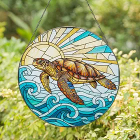 Intricate Sea Turtle Stained Glass Tiffany Style Ocean Waves Sunrays Jewel Tone Art Stained Glass Suncatcher