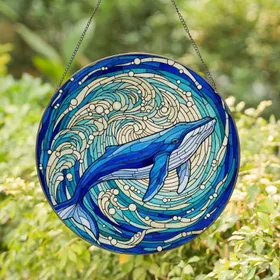 Blue Whale Ocean Waves Stained Glass Tiffany Style Art - Aquatic Life Home Decor Gift Stained Glass Suncatcher