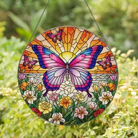 Detailed Stained Glass Butterfly Sun & Flowers - Glowing Jewel Tone Tiffany Decor Art Stained Glass Suncatcher