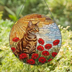 Majestic Tabby Cat Red Poppies Golden Sun Blue Sky - Tiffany Style Stained Glass Stained Glass Suncatcher