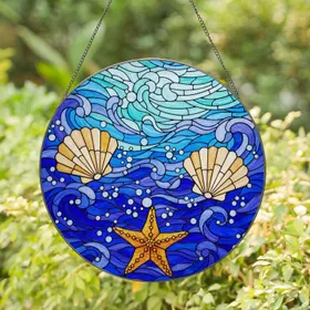 Orange Starfish Scallop Shells Detailed Ocean Waves Tiffany Style Jewel Tones Stained Glass Suncatcher