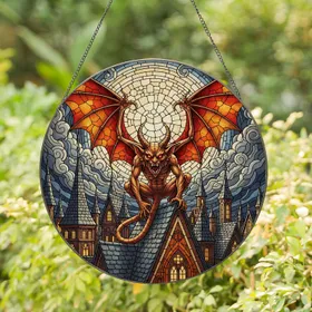 Menacing Horned Gargoyle Stained Glass Art - Gothic Medieval Castle Full Moon Mosaic Stained Glass Suncatcher