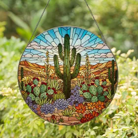 Tiffany Stained Glass Saguaro Cactus Desert Garden Prickly Pear Flowers Jewel Tones Stained Glass Suncatcher