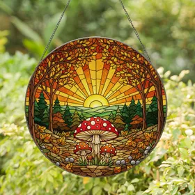 Detailed Toadstool Mushroom Forest Tiffany Stained Glass - Autumn Leaves Sunset Hills Landscape Stained Glass Suncatcher