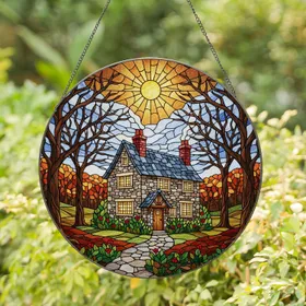 Stone Cottage Stained Glass Art - Radiant Sun, Autumn Trees, Jewel Tone Home Decor Gift Stained Glass Suncatcher