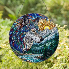 Majestic Wolf Head Profile Mountain Lake Pine Forest Sun Stained Glass Style Tiffany Art Stained Glass Suncatcher